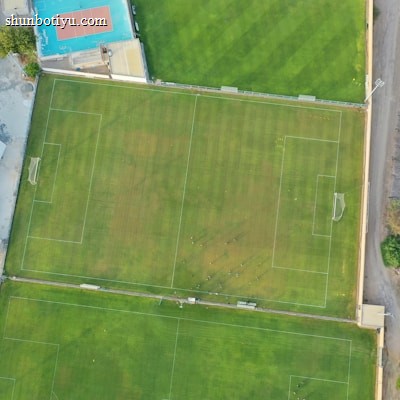 An aerial view of a sports complex featuring multiple green grass fields, including football pitches with marked goalposts. Adjacent to the fields is a blue-roofed building and a smaller area with a tennis or basketball court. Surrounding the complex, there's a road lined with trees and a dirt area with sparse vegetation.